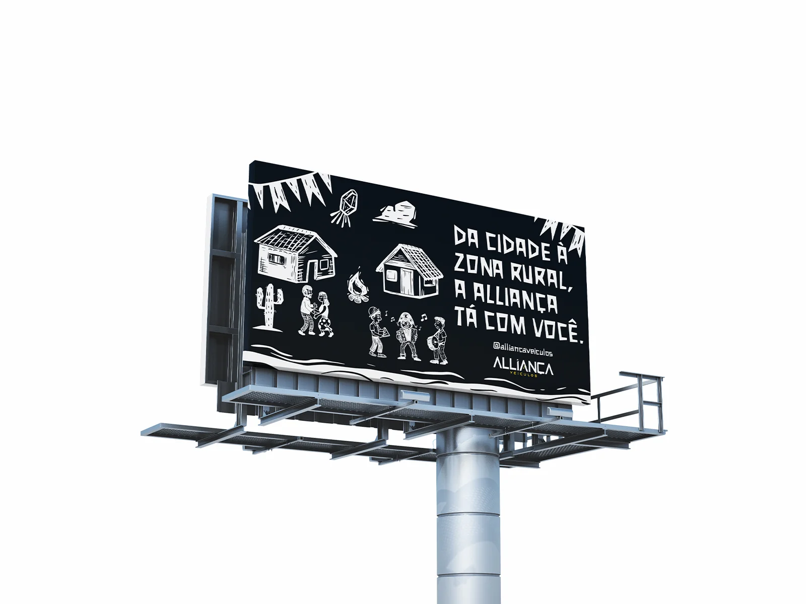 Detalhe do outdoor com ilustrações de festa junina da Alliança Veículos